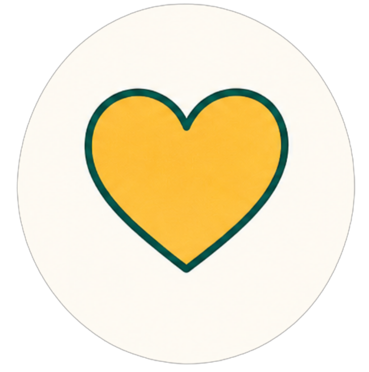 Yellow heart with a dark green outline on a white circular background.