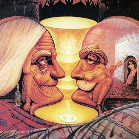 Two men sitting on the ground, one playing a guitar and the other woman with her head in her hand, with a large glowing lamp behind them and a woman standing in a doorway to the right.