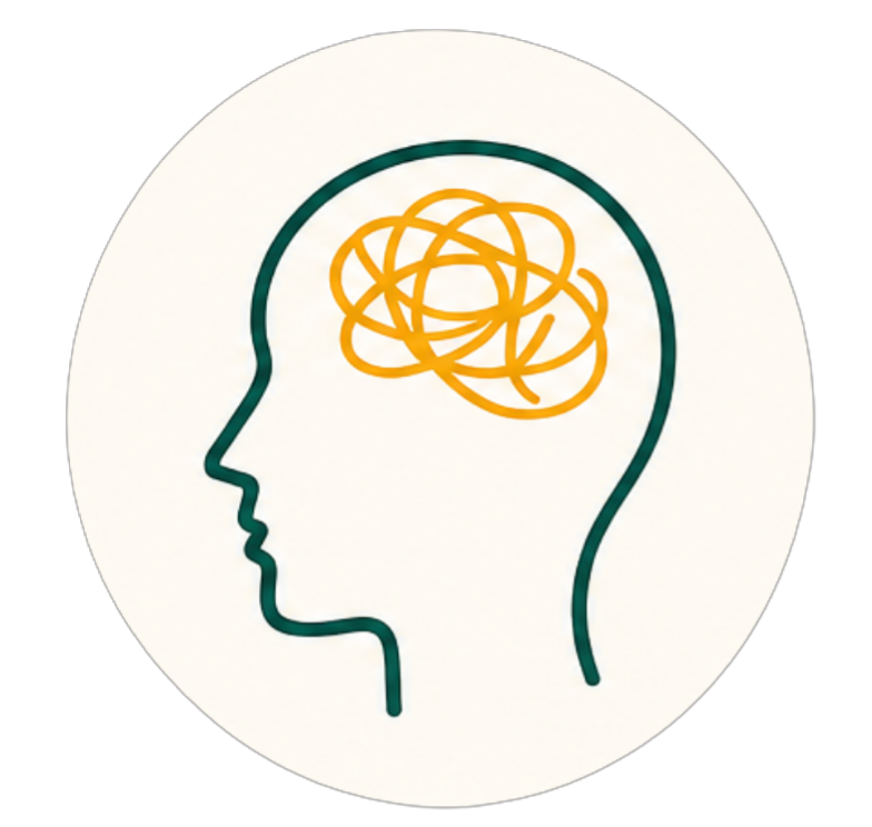 Outline of a person's head with a tangled orange line representing a confused or busy mind inside the head.