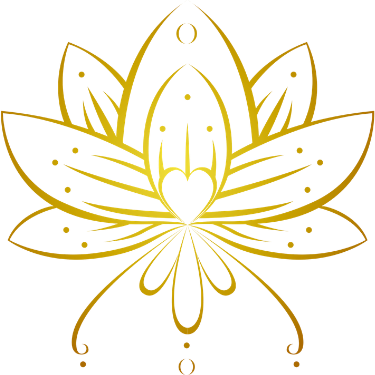 A stylized lotus flower with gold, red, black, and green colors.