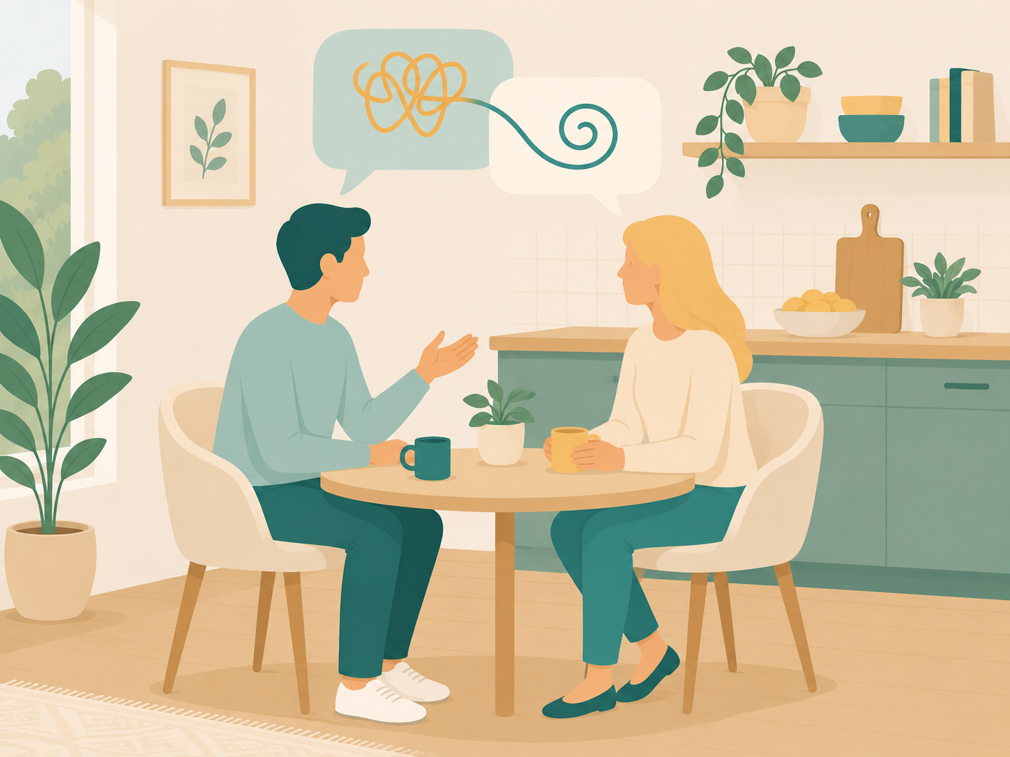 A man and woman are sitting at a round table in a bright, modern kitchen. They are engaged in a conversation, with speech bubbles above them indicating they are talking about a tangled line or scribble. The kitchen has green cabinets, a countertop with fruit, potted plants, and shelves with bowls and books. There are large windows with greenery outside.