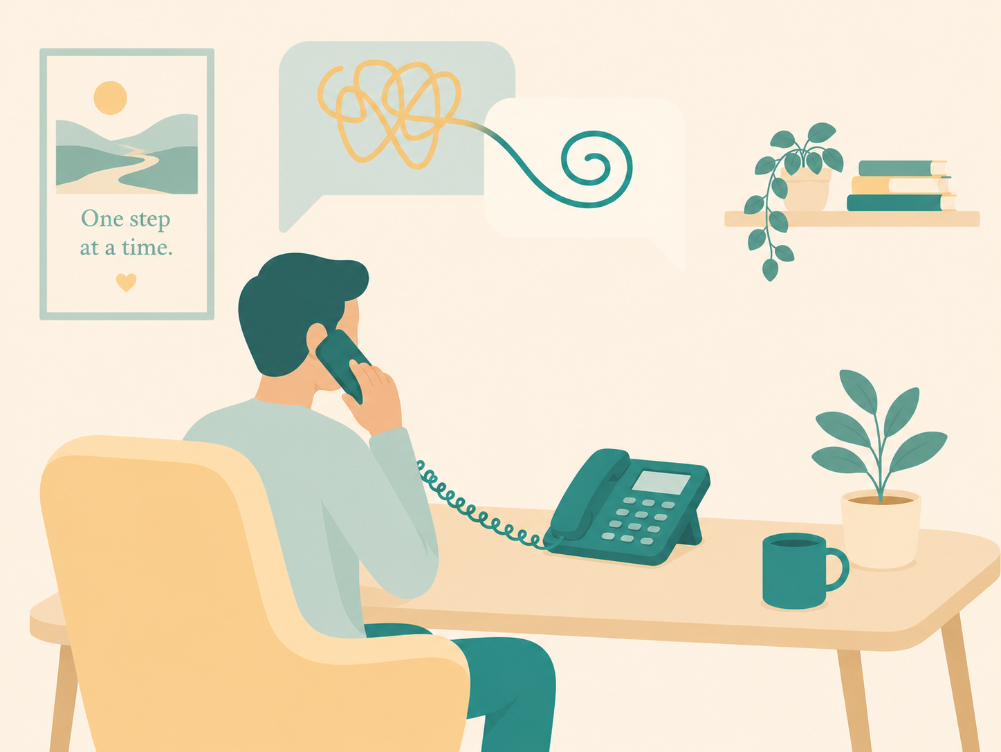 An illustration of a person talking on a landline phone at a desk with a coffee mug and potted plant. The wall behind features motivational posters and books with plants.