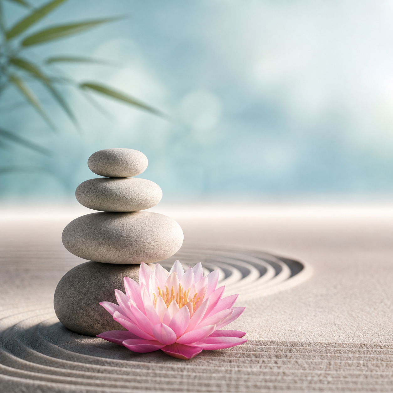 A Zen arrangement with five smooth stacked stones, a pink lotus flower, and a raked sand garden with concentric circles, set against a serene background.