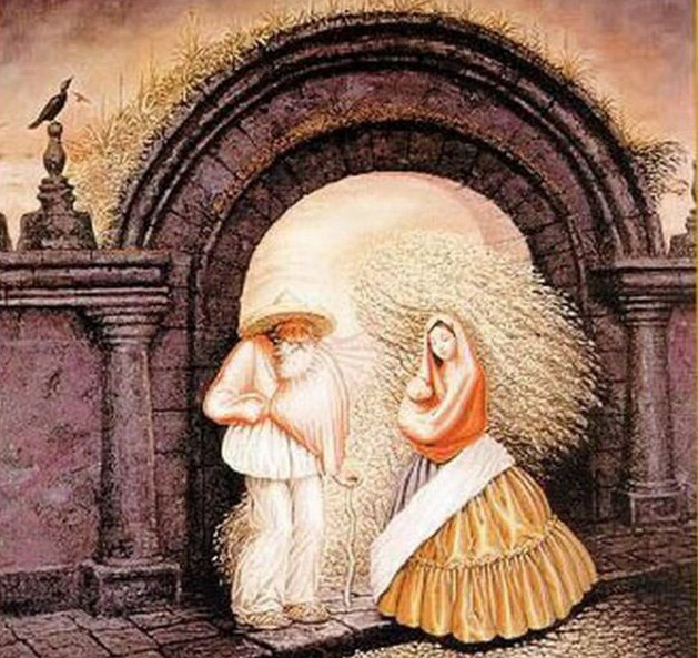 Painting of an elderly man and woman in historical clothing under an archway, with a bird perched on a sculpture on the left side.