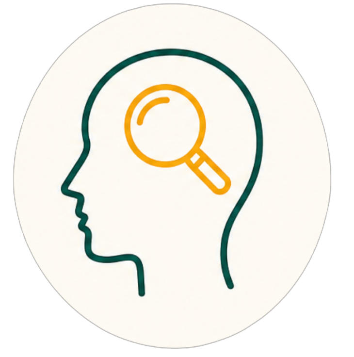 Outline of a human head with a magnifying glass inside the brain area.