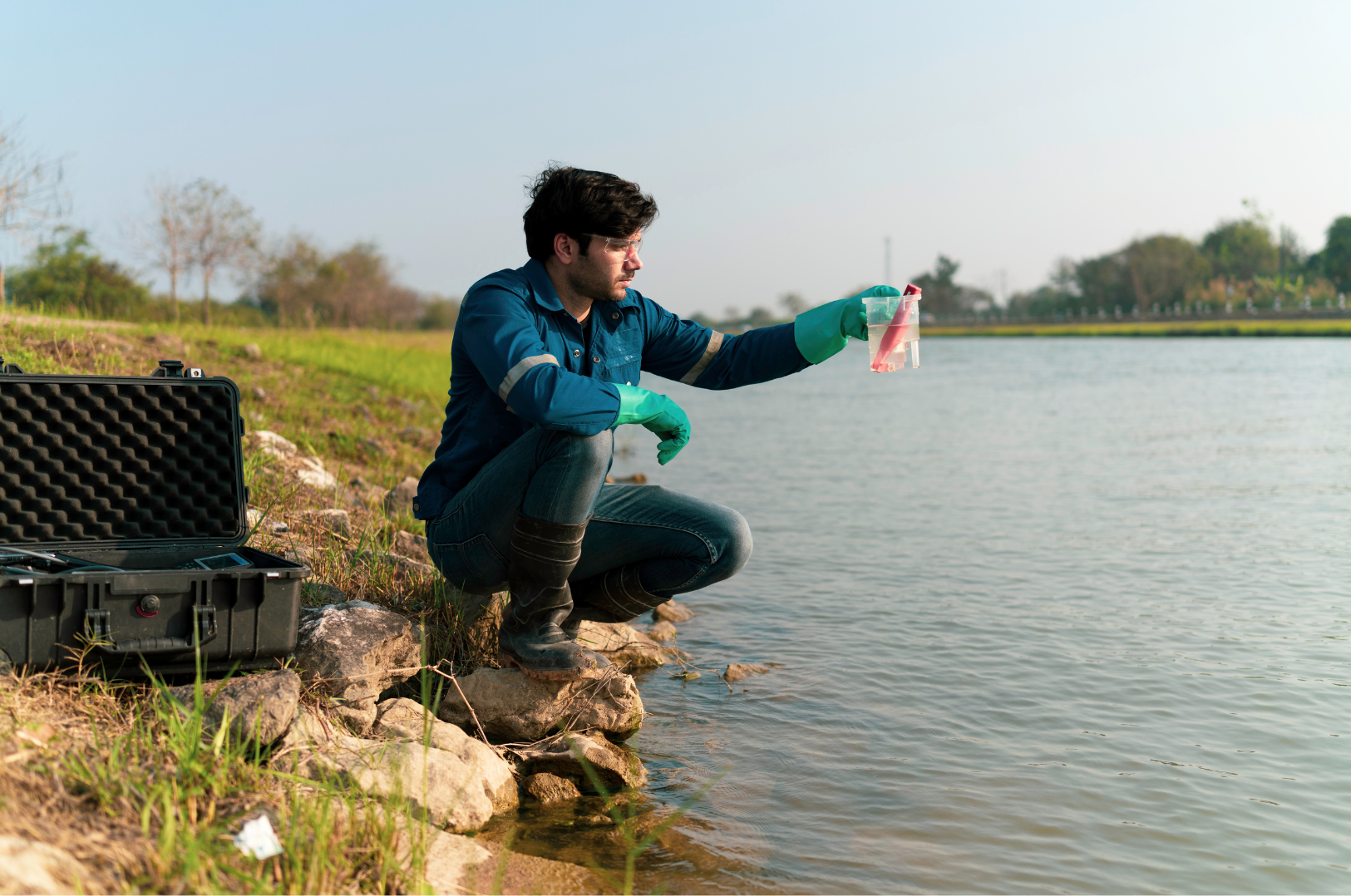 A researcher squats by the water's edge holding a sample container with a pink sample, wearing green gloves and rubber boots, with an open black equipment case nearby.