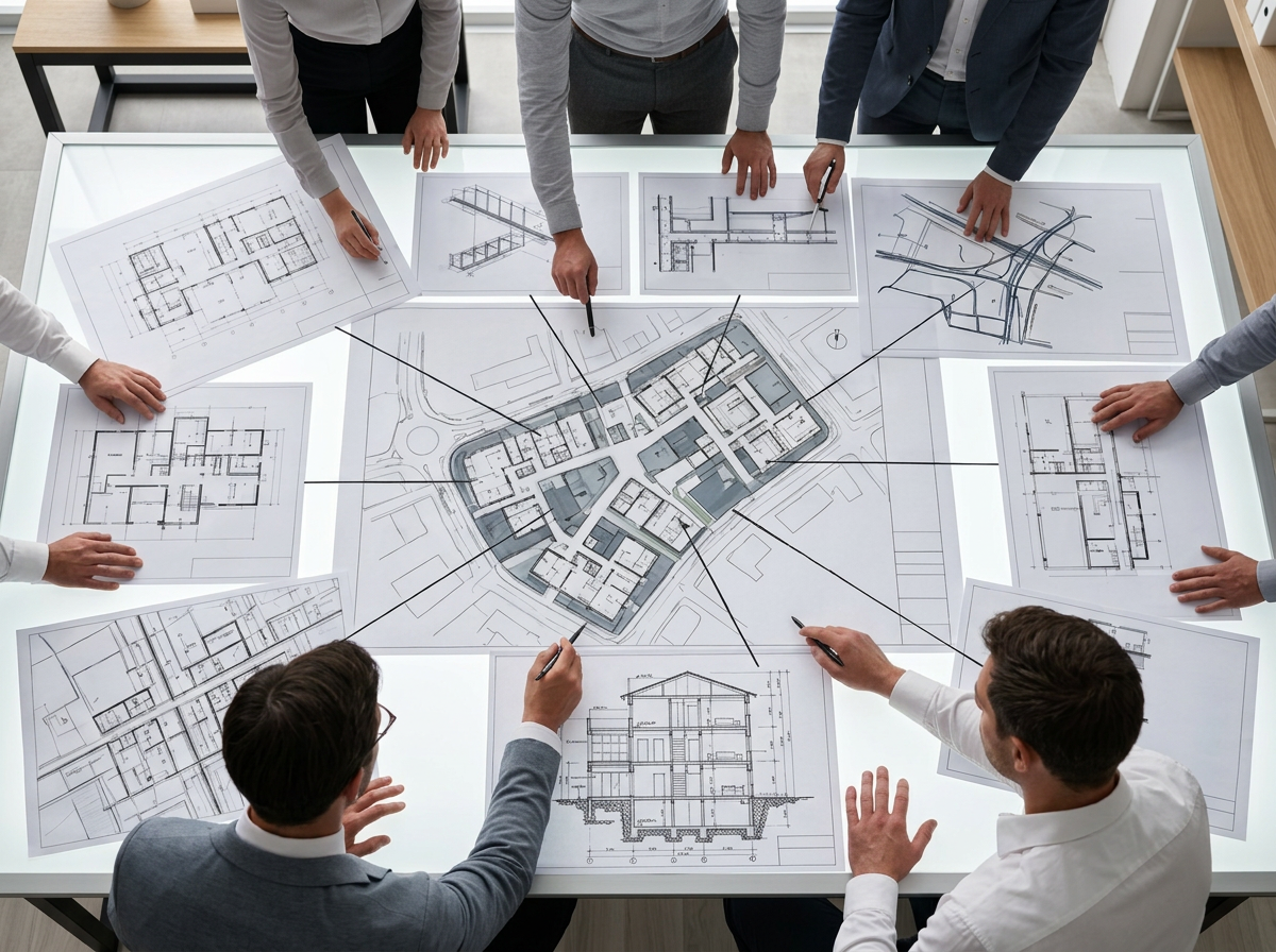 Architects and engineers gathered around a table with architectural blueprints and site plans.