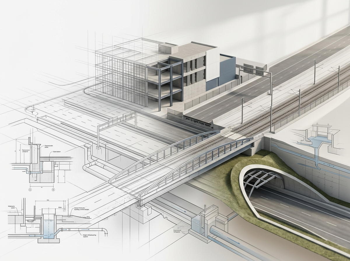 A detailed architectural model of a modern train station with a partially constructed building, train tracks, and a road tunnel, showing both physical models and technical blueprints.