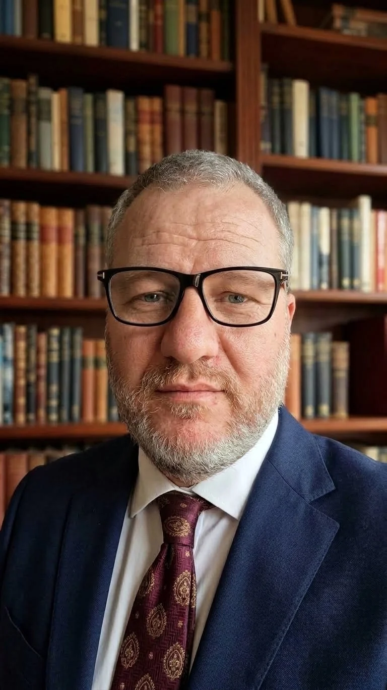 A man in a suit with glasses, standing in front of a bookshelf filled with books.