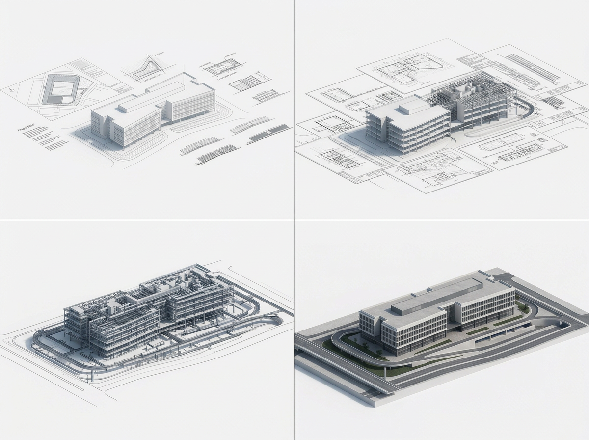 Four architectural renderings of a modern multi-story building at different stages of design and construction, with blueprints and technical drawings in the background.
