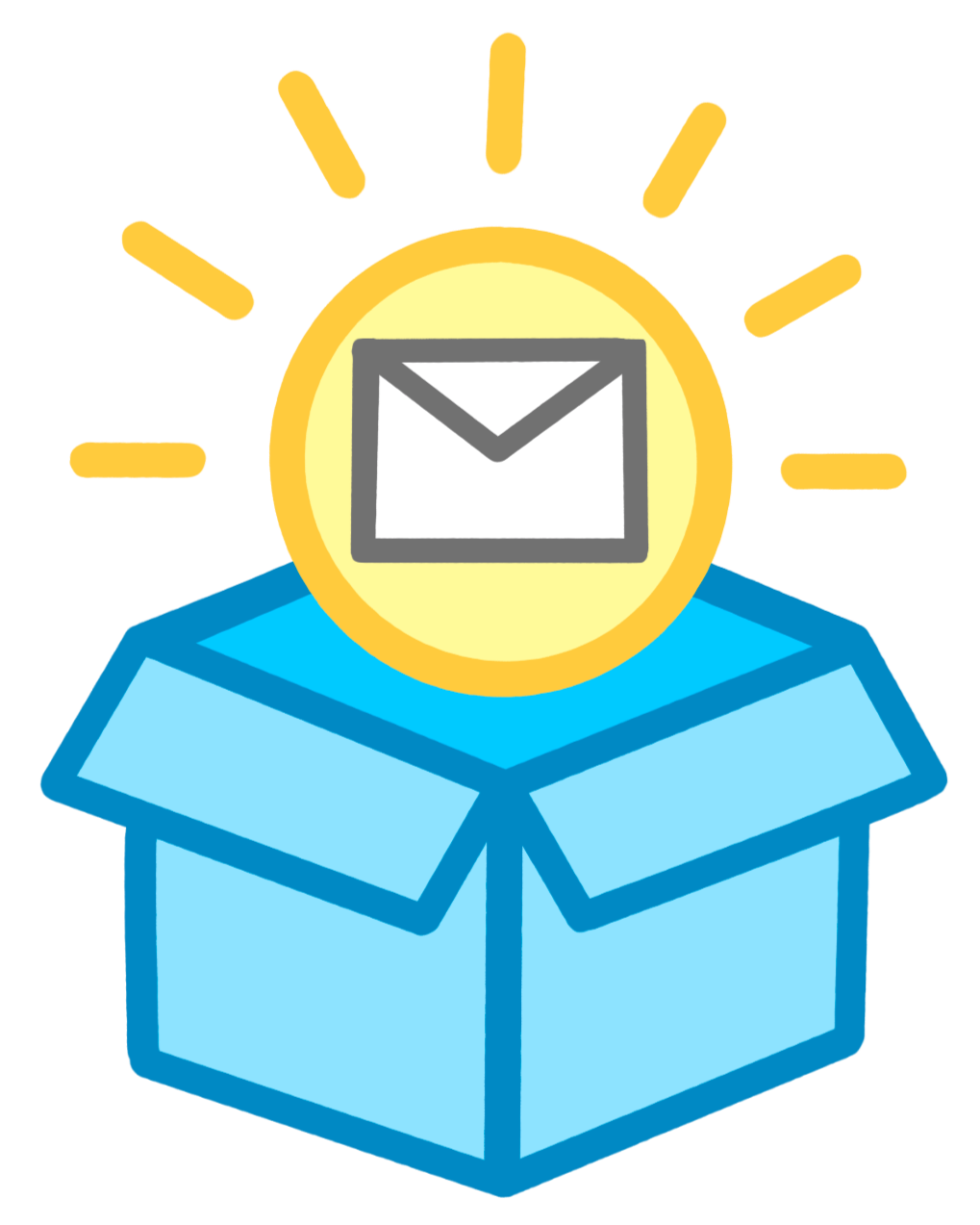 The Whole Package LLC - A blue box opens to reveal a yellow sun with a white envelope in the center. "Contact Us" is typed in black below. Link goes to The Whole Package LLC Contact Us website page.