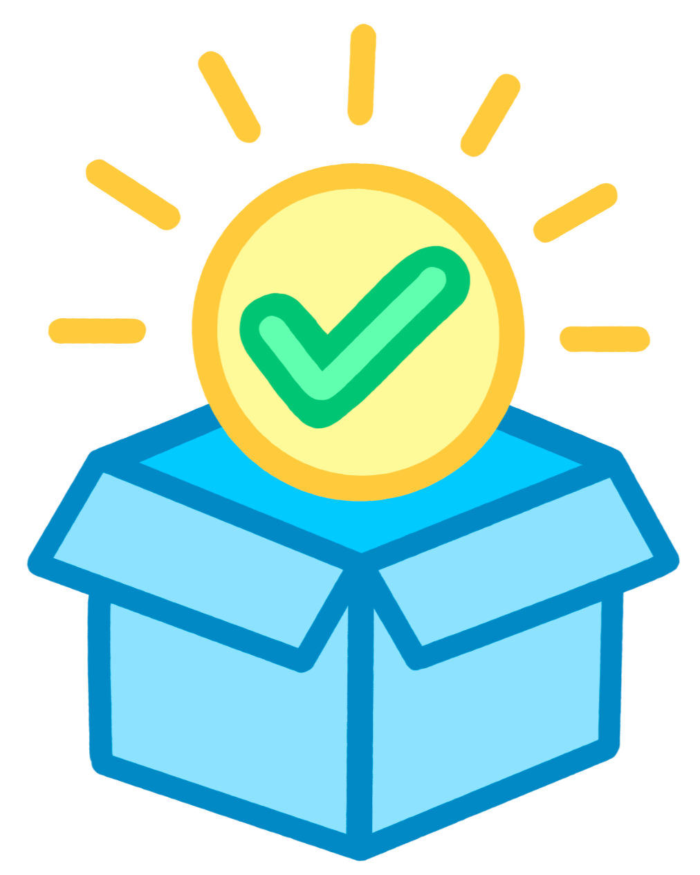 The Whole Package LLC - A blue box opens to reveal a yellow sun with a green check mark over the center. "Our Services" is typed in black below. Link goes to The Whole Package LLC's Our Services website page