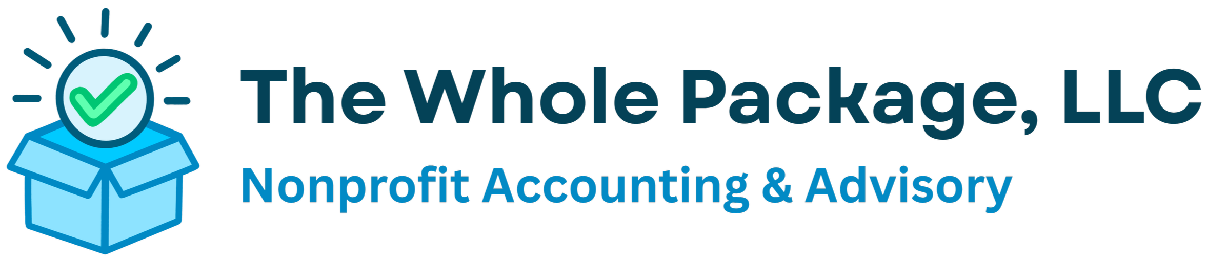 The Whole Package, LLC Nonprofit Accounting & Advisory horizontal logo. On the left,  a blue box is opening to reveal a blue sun with green check mark in the center. On the right the words The Whole Package, LLC are typed in dark blue letters.