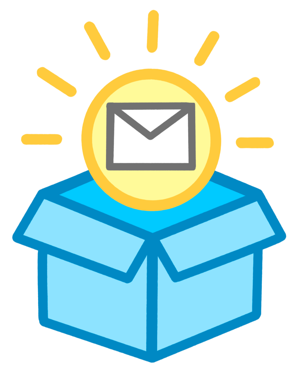 The Whole Package, LLC- A computer mail icon within a yellow sun emerges from an open blue box.