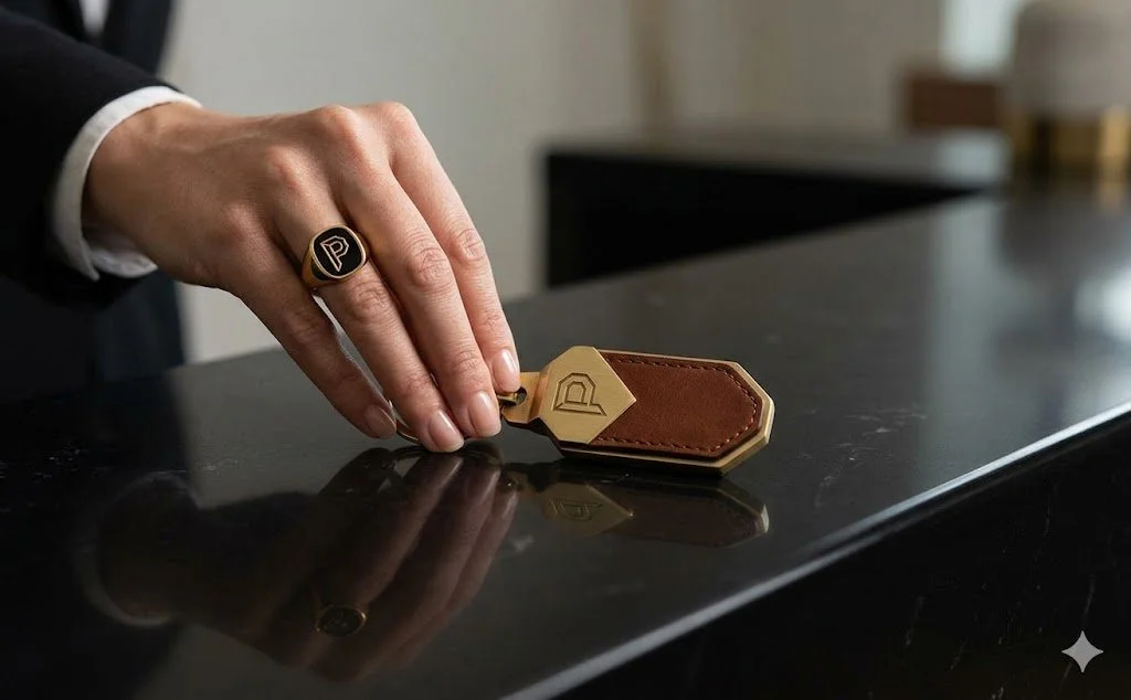 A person's hand with a ring on the finger, placing a luggage tag on a black surface.