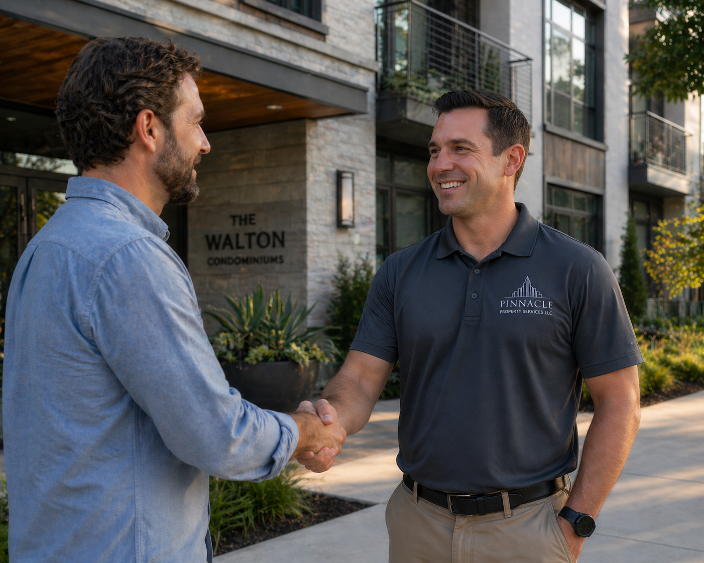 Two men shaking hands outside a residential building with a sign that reads "The Walton Condominiums." One man wears a light blue shirt, and the other an accreditation shirt with "Pinnacle Property Services LLC."