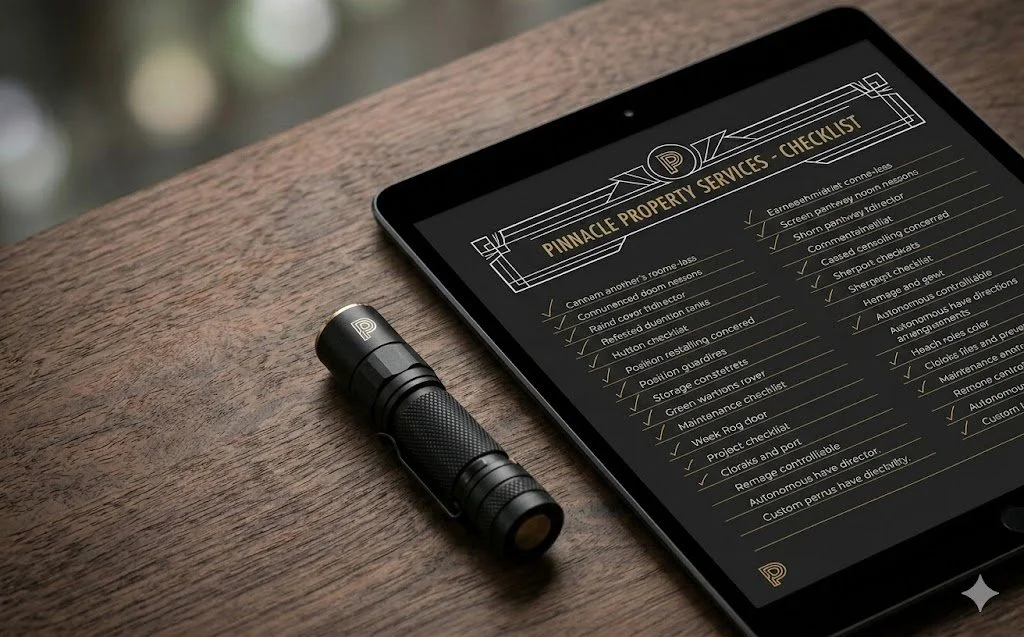 A digital tablet displaying a property service checklist and a small black flashlight on a wooden surface.
