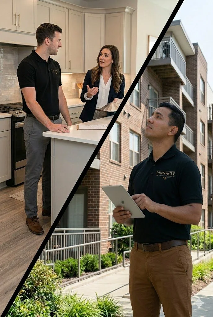 Split image of a real estate agent speaking with a client in a kitchen on the left, and a property manager holding a tablet outside an apartment building on the right.