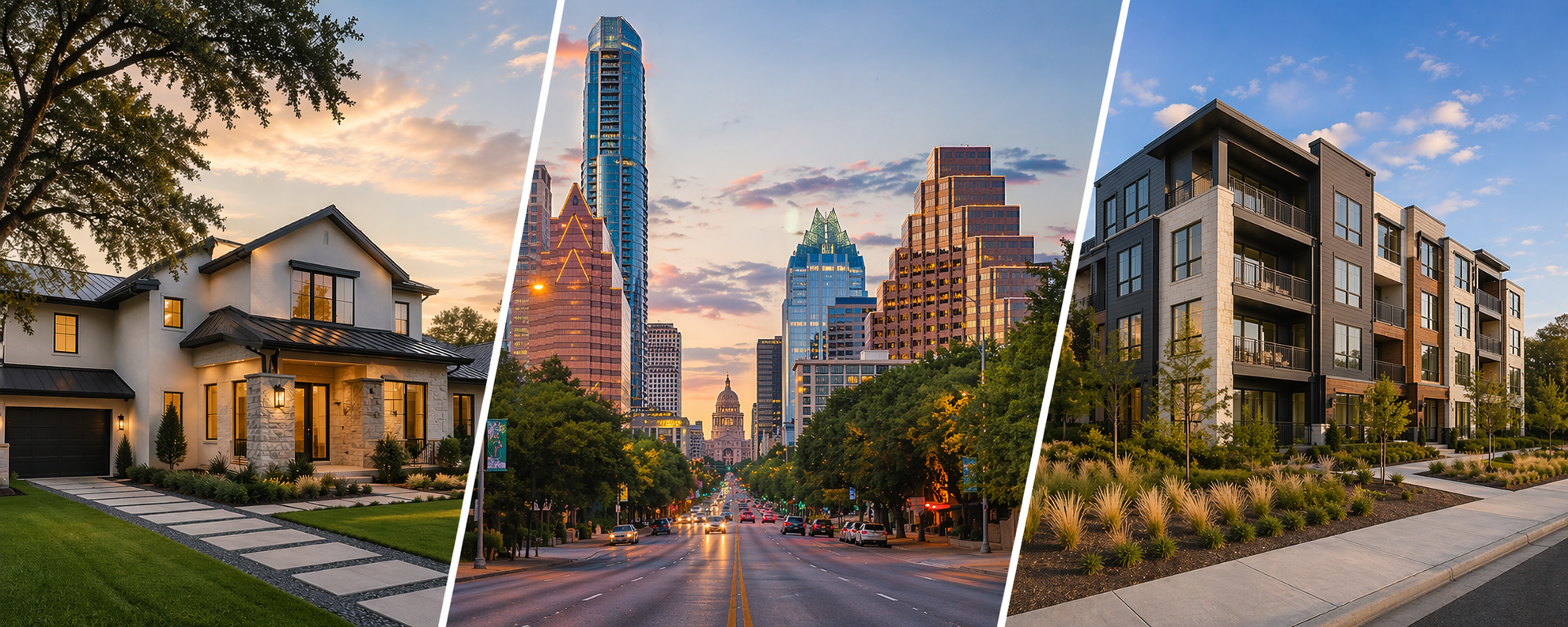 Composite image showing three different types of residential areas: a modern house with a well-manicured lawn and stone walkway, a downtown city street with tall skyscrapers and city traffic at sunset, and a contemporary apartment building with a landscaped sidewalk and urban greenery.
