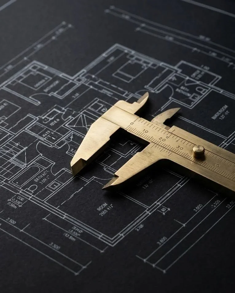 A golden caliper measuring a black architectural blueprint of a house layout.