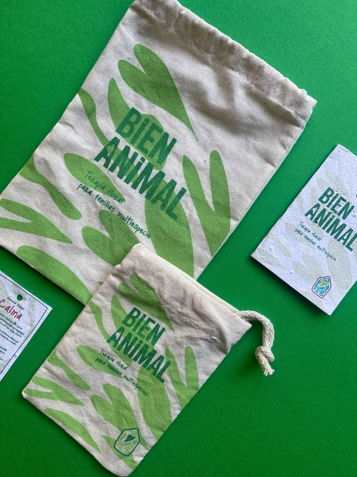 Sistema de packaging Bien Animal — kit con bolsa de tela y folleto en tonos verdes producido por Shaolguin Buenos Aires