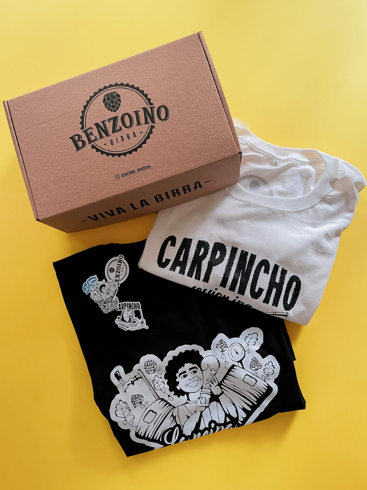 Kit de merch Benzino Birra con camisetas personalizadas y packaging — producción Shaolguin Buenos Aires