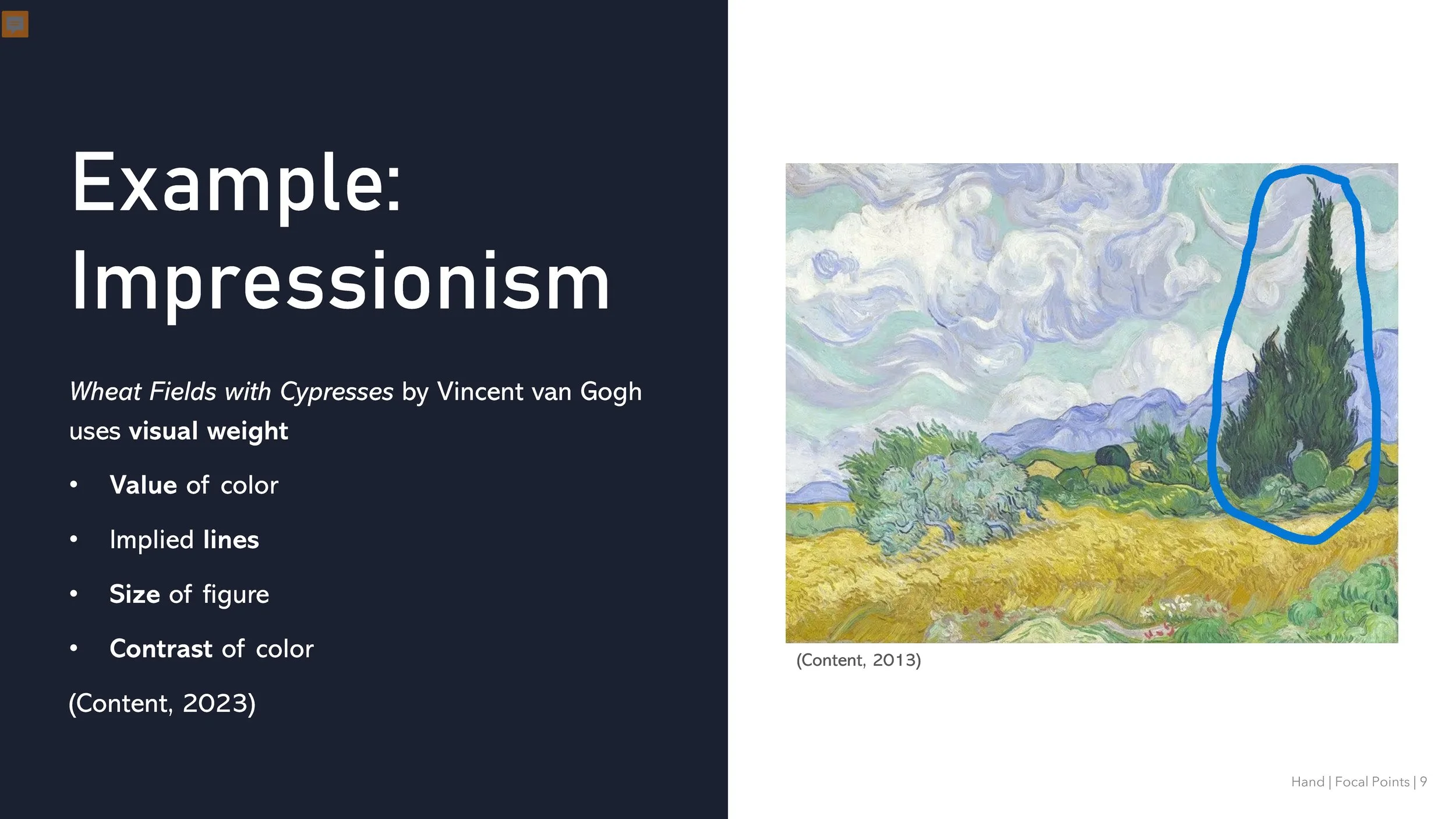 Let's look at a piece that appears to lack any straight lines.

In Wheat Fields with Cypresses, Vincent van Gogh creates a focal point in a very different way than Artemisia Gentileschi. Van Gogh paints with obvious paint strokes and shows the world 