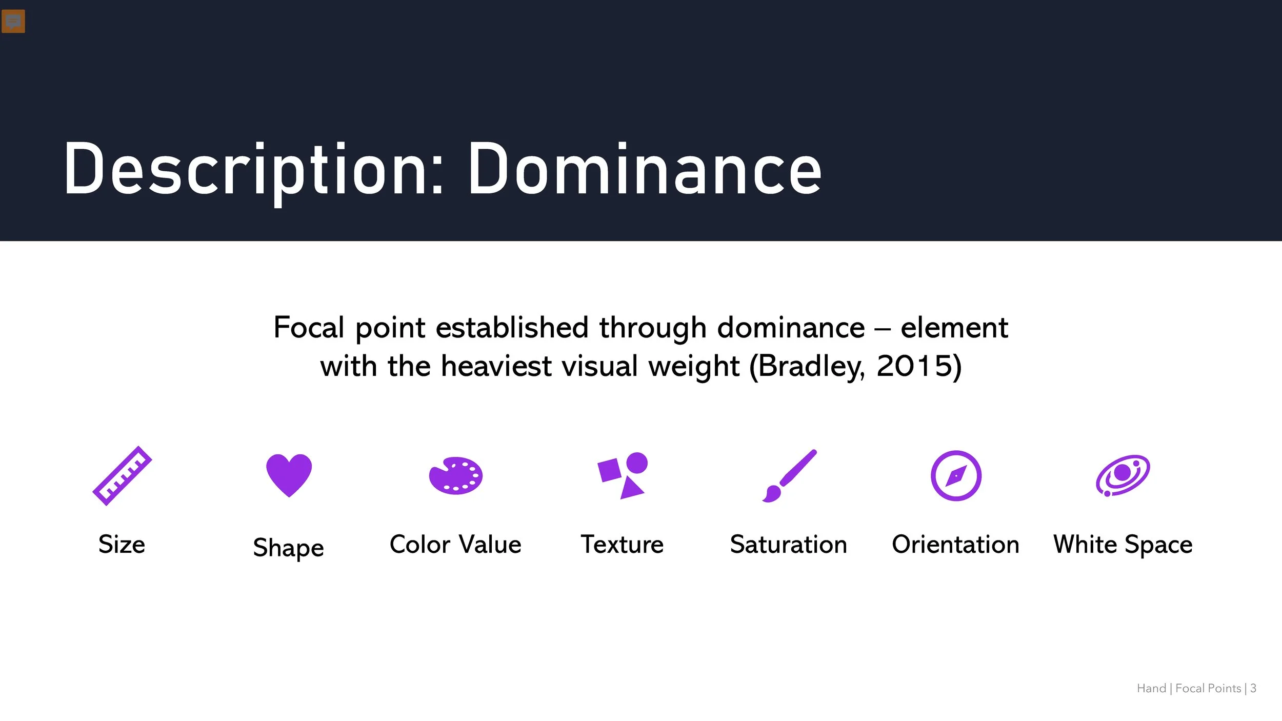 A focal point establishes dominance over every other element on the page (Bradley, 2015). It draws the eye of the viewer towards itself. This effect can be done in many ways. Some of these ways are shown here. If a focal point uses size to its advant