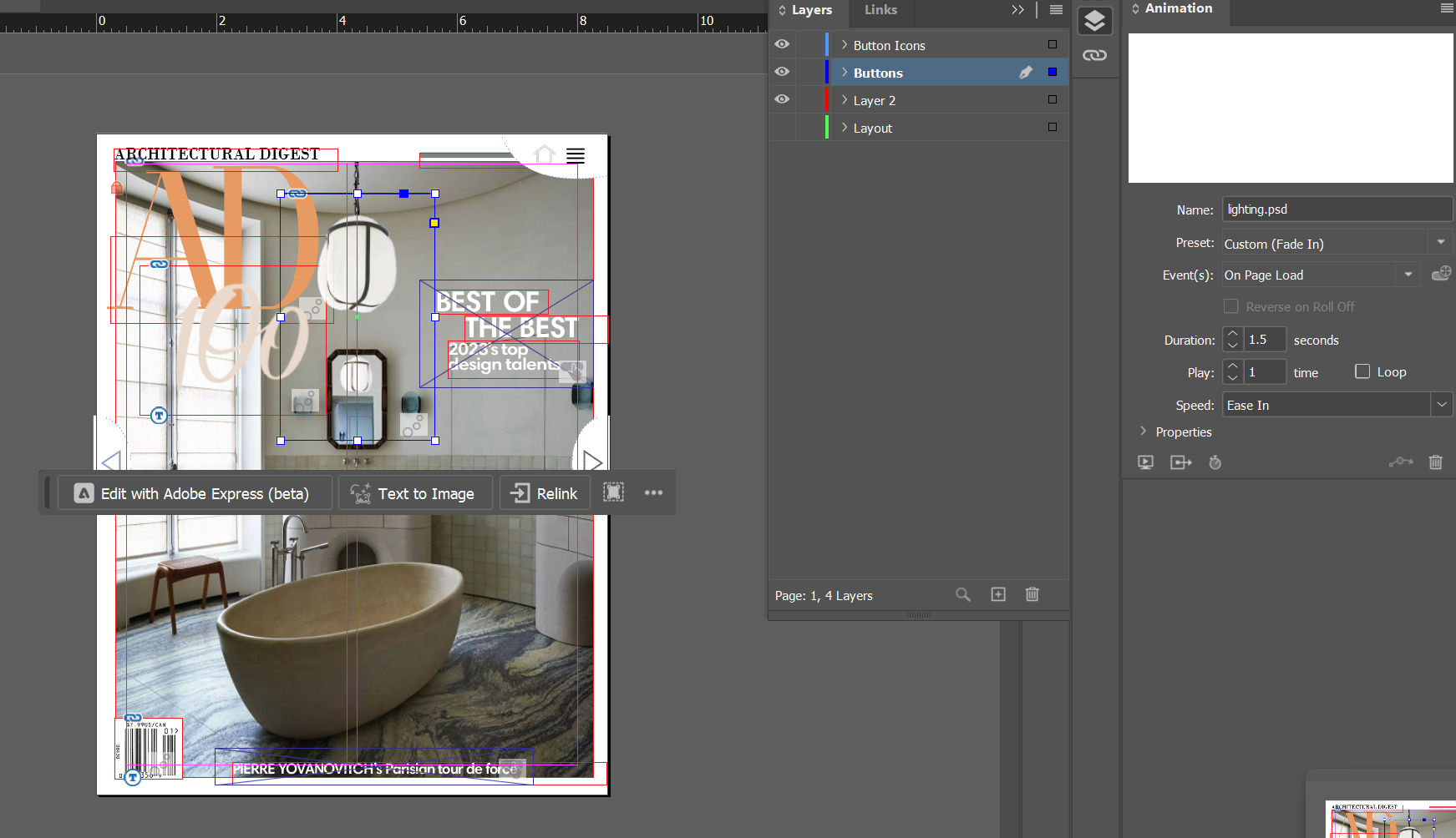 screenshot of Illustrator interface where an edited image of a lighting fixture is selected, showing the animation attached to it.