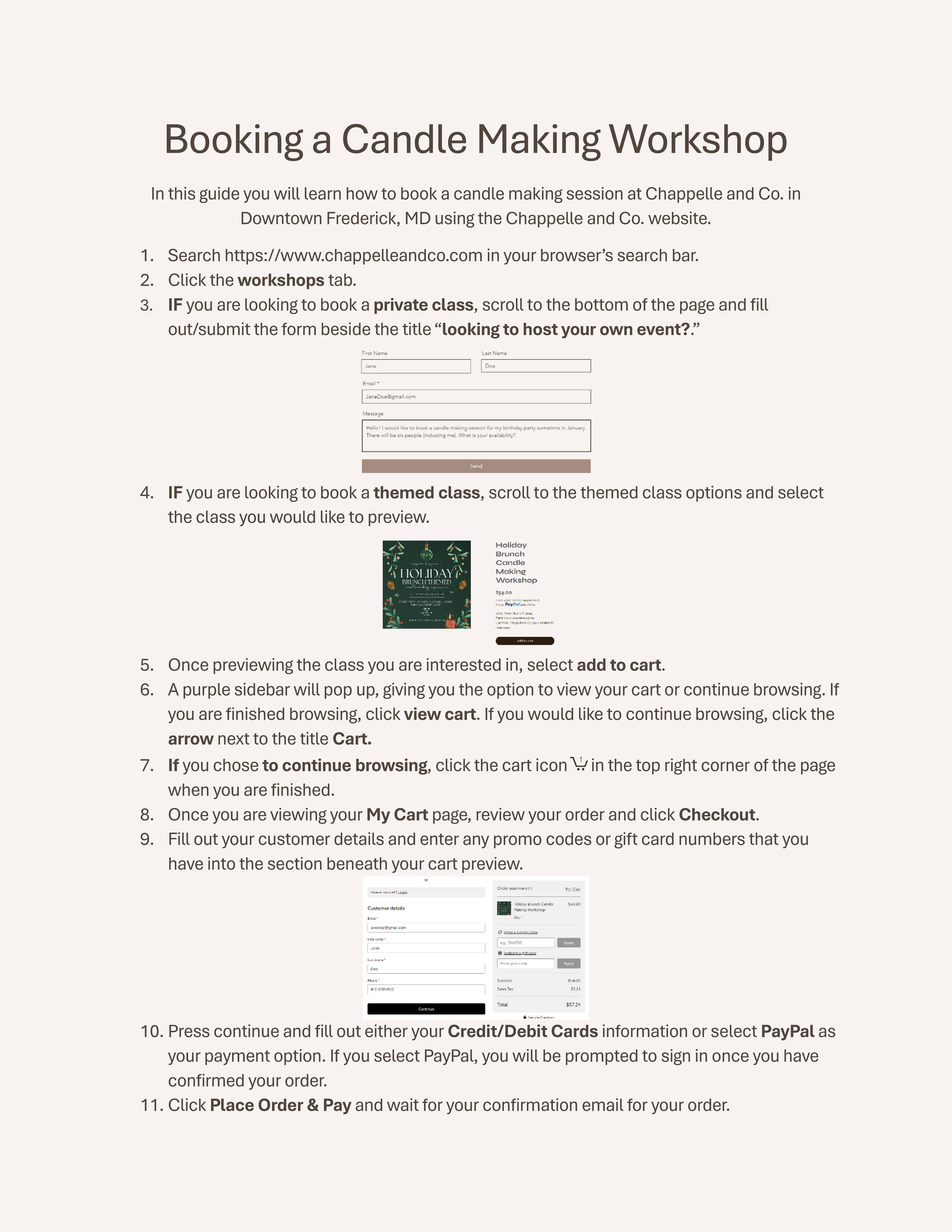quick start guide for booking a candle making session at Chappelle and Co.