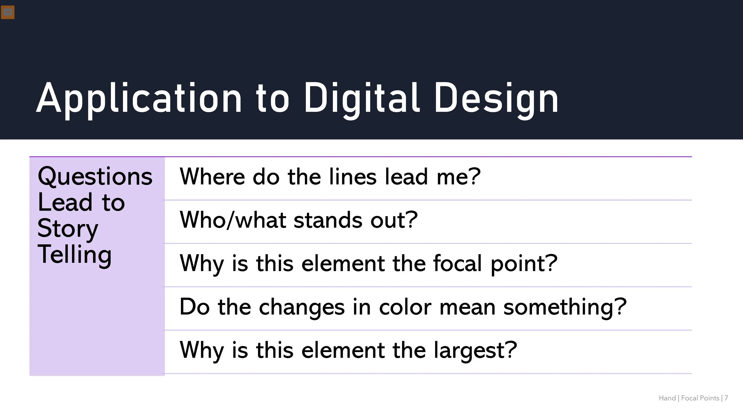 As we’ve covered, the focal point starts our story. We’ve also covered the questions we ask ourselves to decide what our focal point should be. Just as important, however, is what questions our focal point will make our audience ask themselves. As th