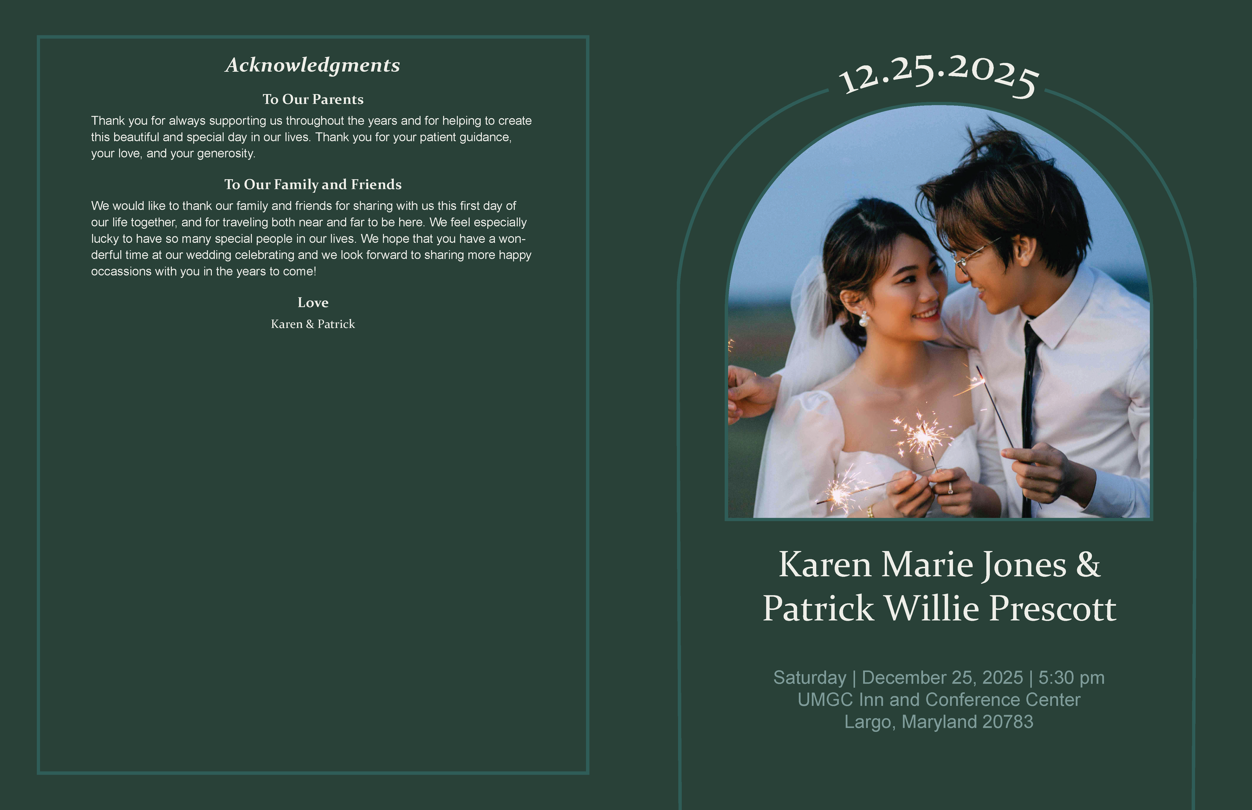 The cover and end page of a wedding program for Karen Marie Jones and Patrick Willie Prescot.