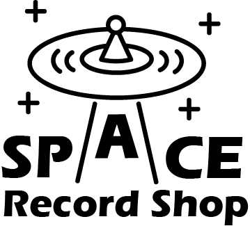The black and white version of a logo design where a UFO with a vinyl record as the body of the ship "abducts" the A from "space" in the name Space Record Shop.