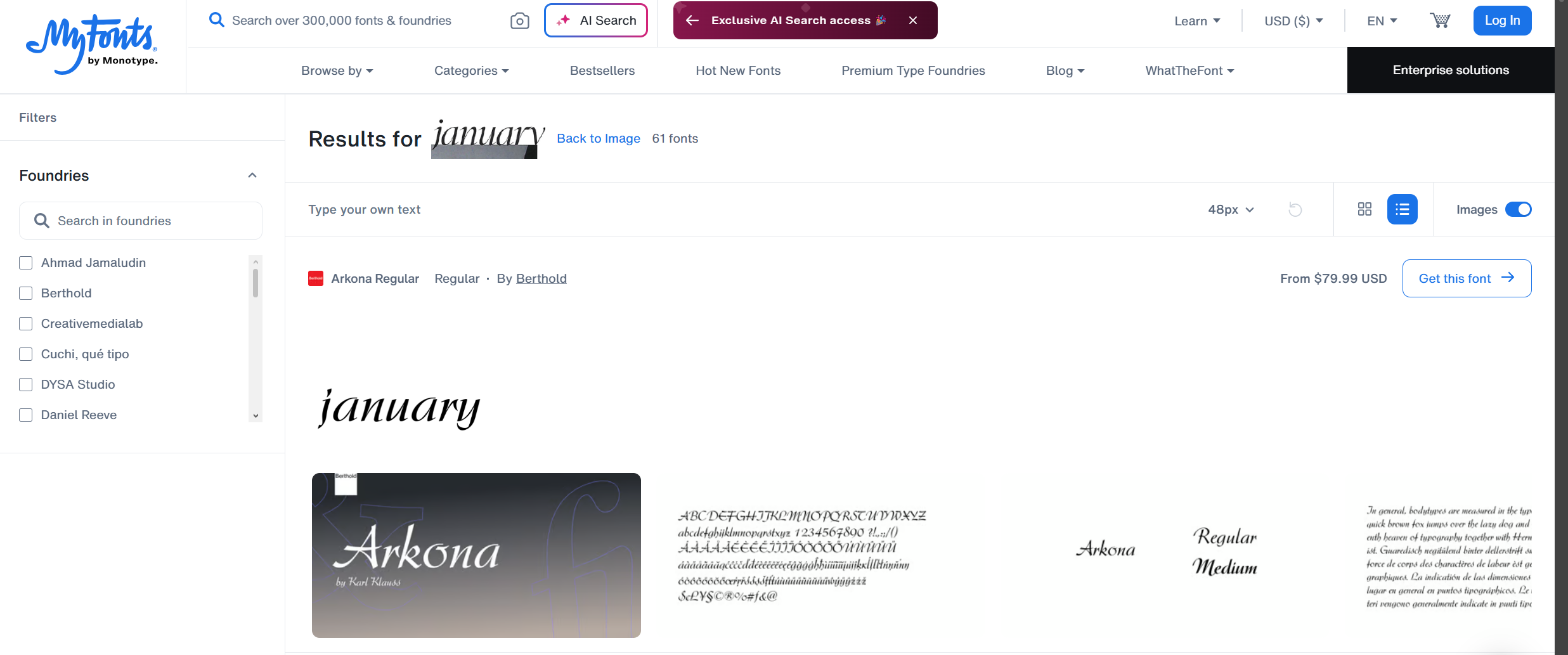 WhatDaFont's search results based on the image of the word "january" from a scanned page of the Architectural Digest magazine