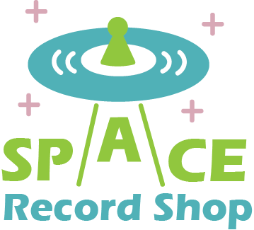 The color version (cymk) of a logo design where a UFO with a vinyl record as the body of the ship "abducts" the A from "space" in the name Space Record Shop.