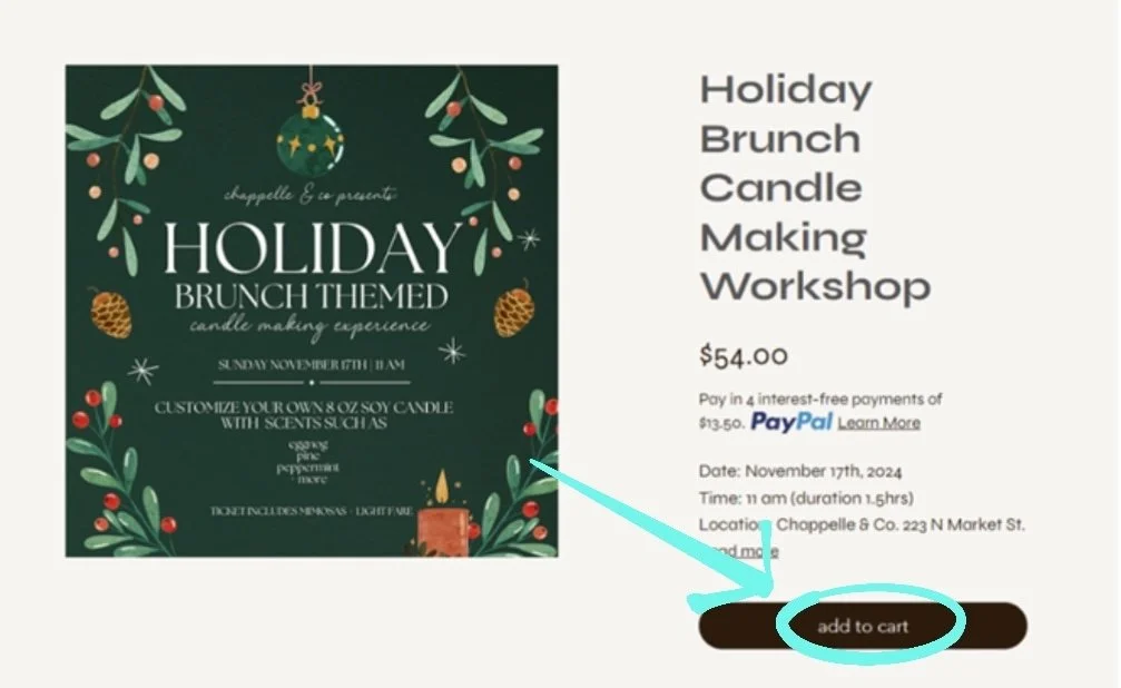 marked up screenshot (an arrow points to the "add to cart" button and the button is circled) of a booking session item listing at Chappelle and Co.