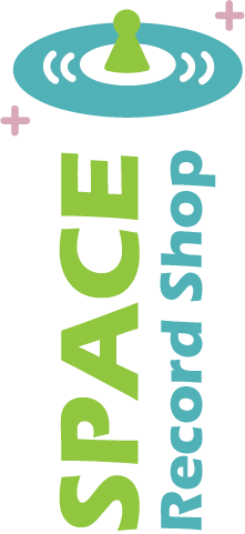 The vertical version of a logo design where a UFO with a vinyl record as the body of the ship sits on top of the vertically written name of the company, Space Record Shop.