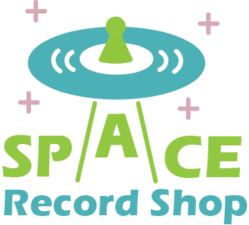 The web version (rgb) of a logo design where a UFO with a vinyl record as the body of the ship "abducts" the A from "space" in the name Space Record Shop.