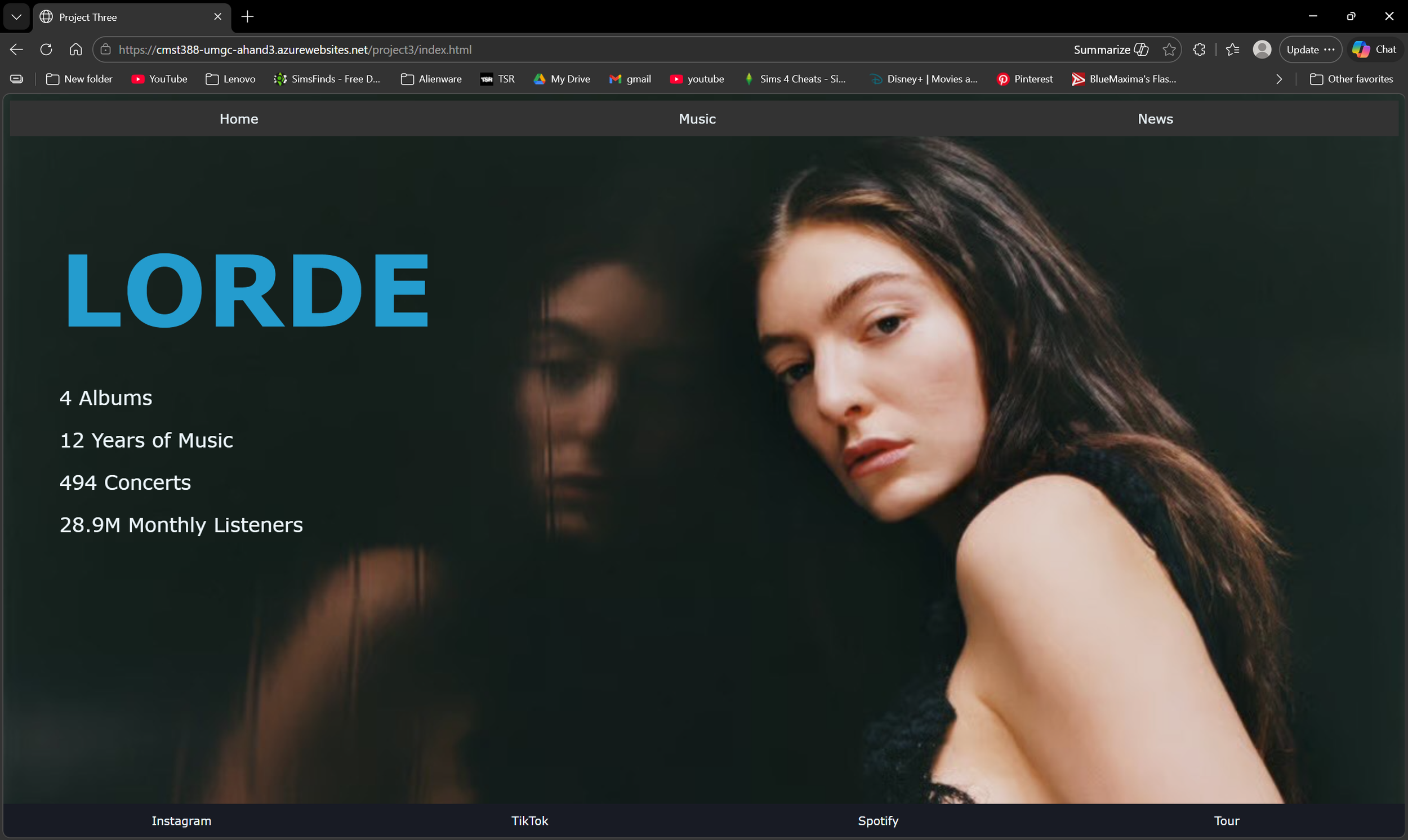 Screenshot of the Home page of the Lorde fan page which consists of information about the artist, her name, and an image of her.