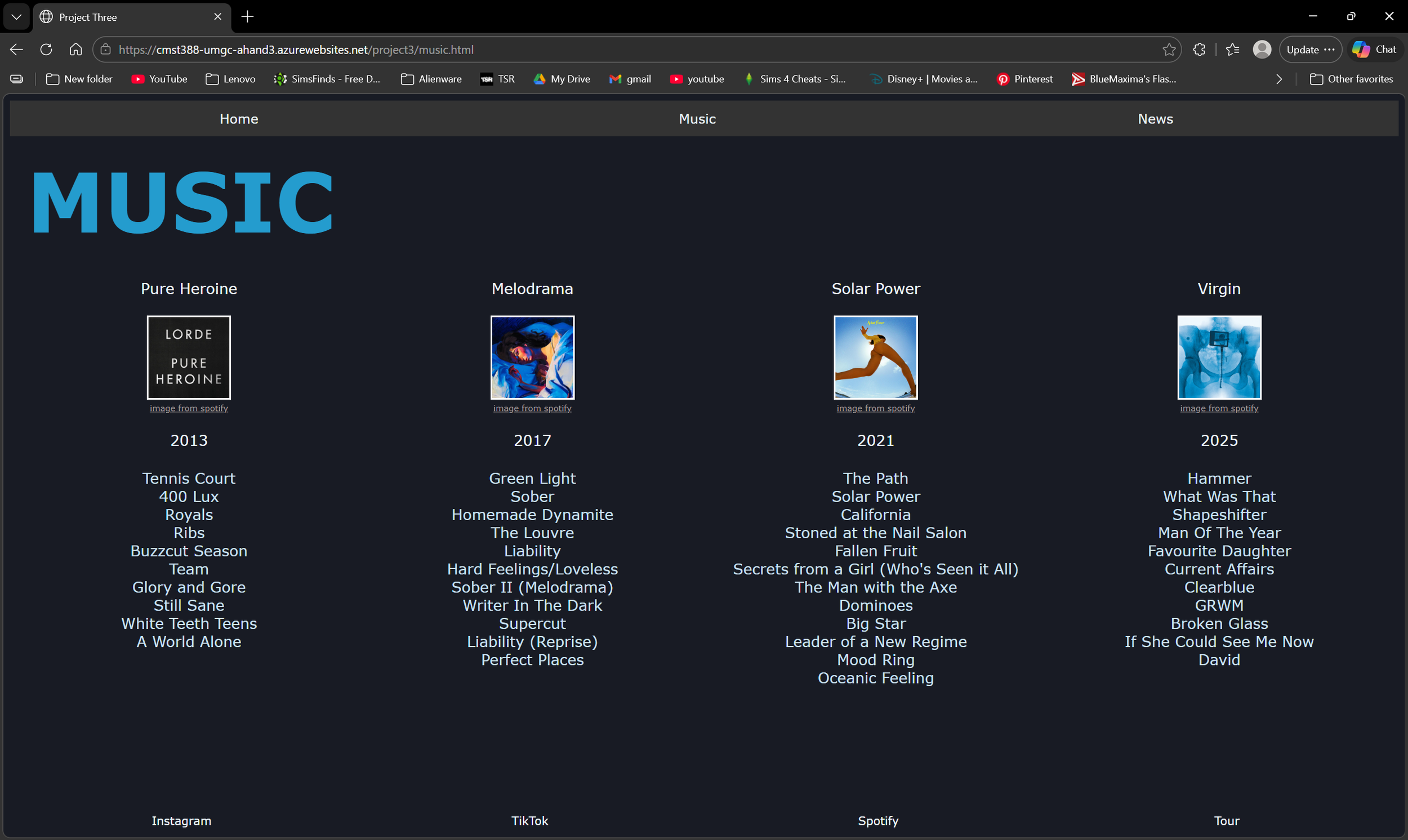 Screenshot of the Music tab in the Lorde fan page which consists of album images for Lorde's four albums, their date of release, and the title of the songs in each album.