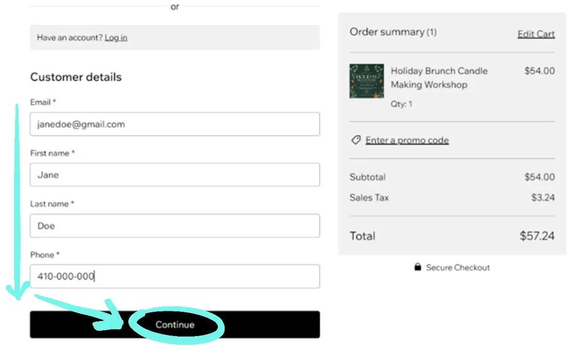 marked up screenshot (an arrow points down the page and towards to the "continue" button which is circled) of the checkout screen at Chappelle and Co.