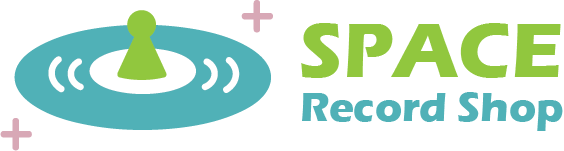 The horizontal version of a logo design where a UFO with a vinyl record as the body sits beside the company name Space Record Shop.