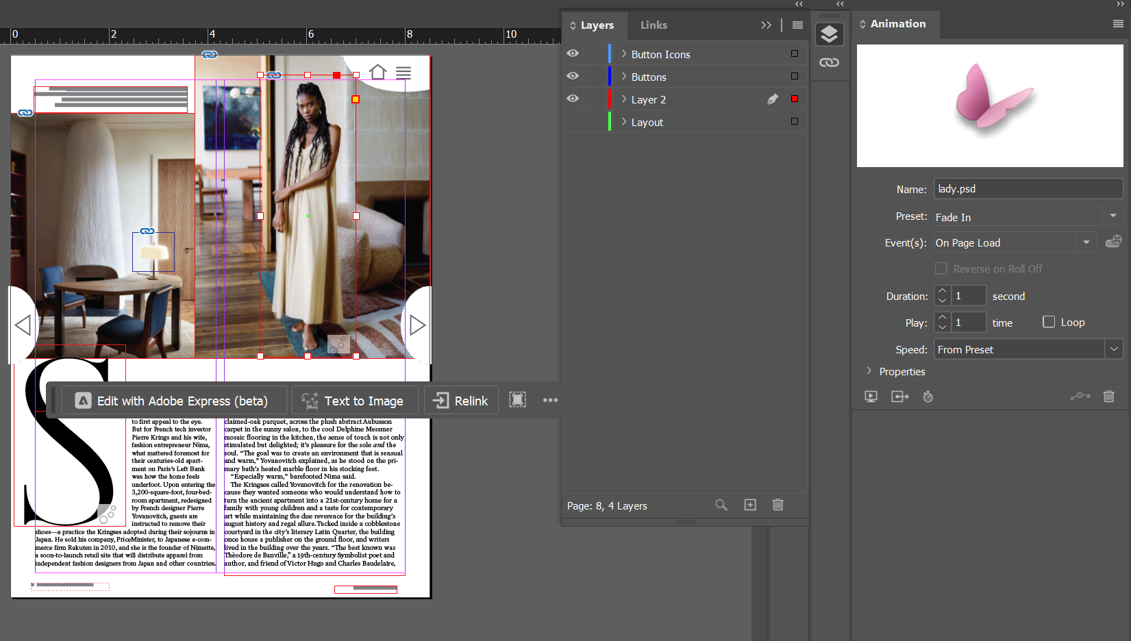 screenshot of Illustrator interface where an edited image of a woman in her home is selected, showing the animation attached to it.
