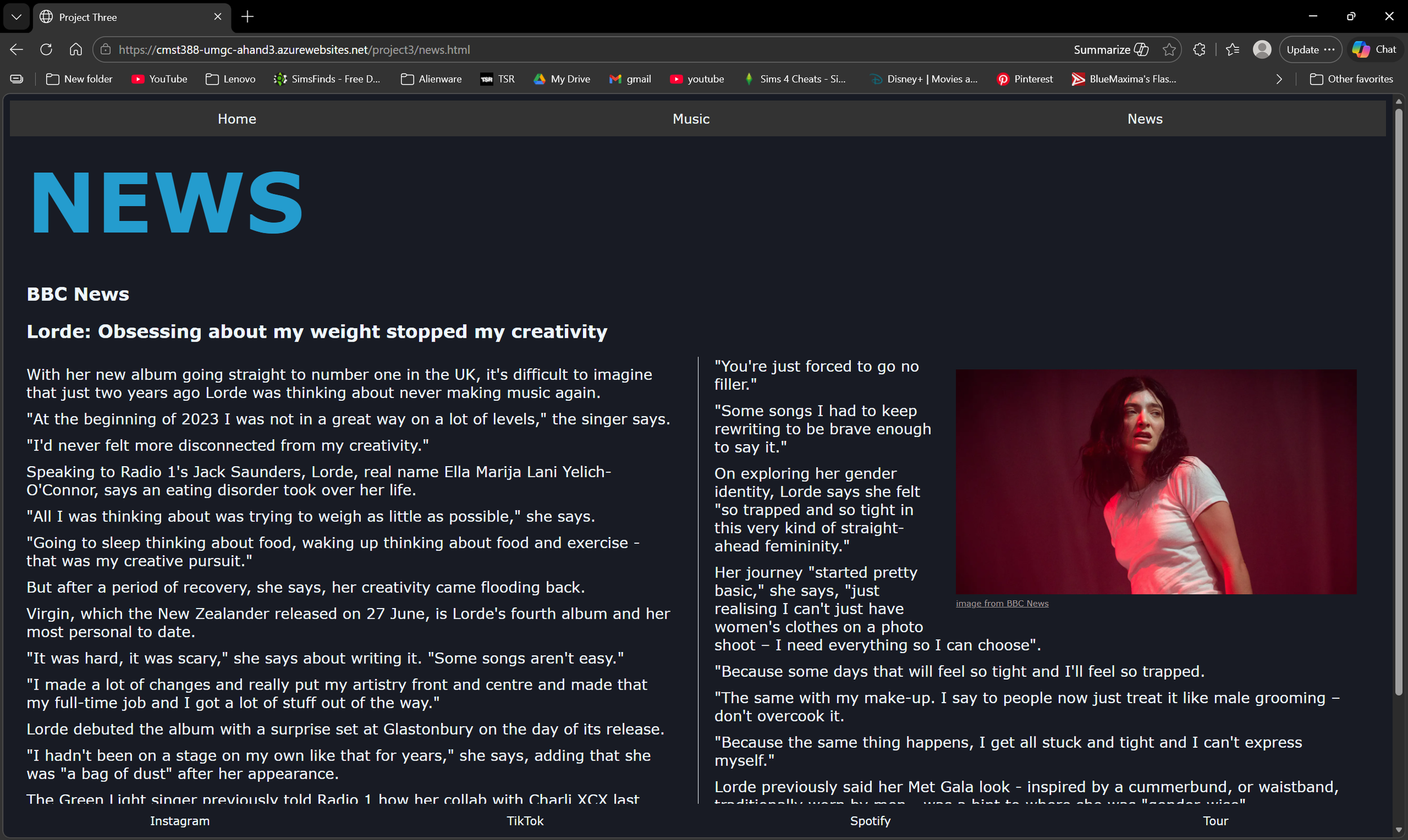 Screenshot of the News tab in the Lorde fan page which consists a news article from BBC News on an interview with Lorde about how her disordered eating affected her creativity.