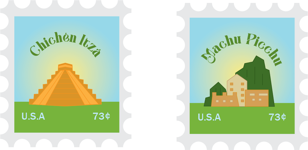 Two stamps representing the sites of Chicken Itza (left) and Machu Picchu (right)