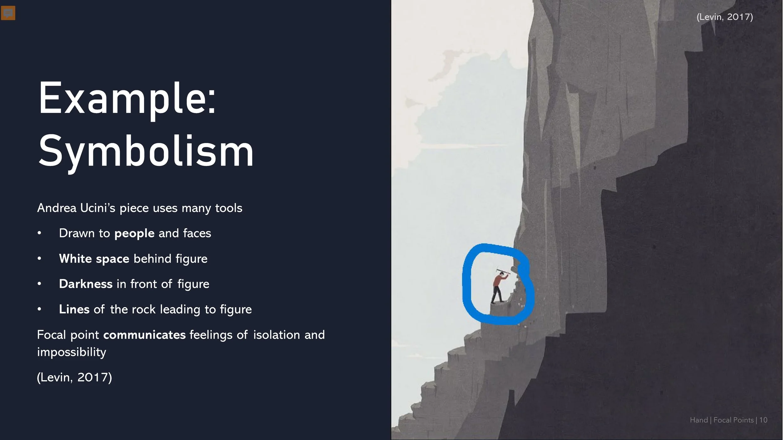 Here we have a piece of digital art which demonstrates the use of story telling through focal points in digital design. Despite the person being the smallest element of the piece, our eyes are drawn to it first. Why is this? 

For one, humans are alw