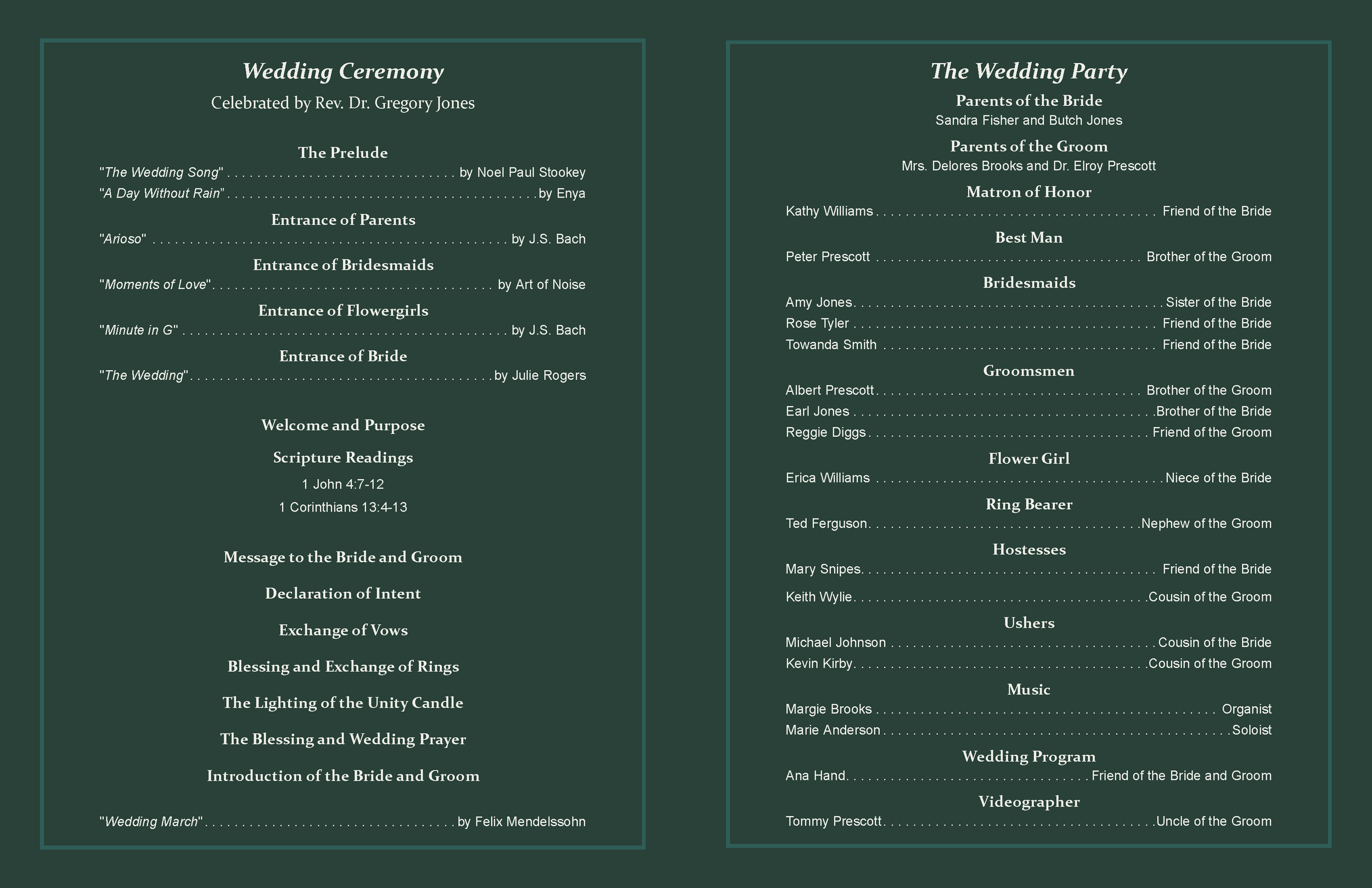 The inner pages of a wedding program for Karen Marie Jones and Patrick Willie Prescot.