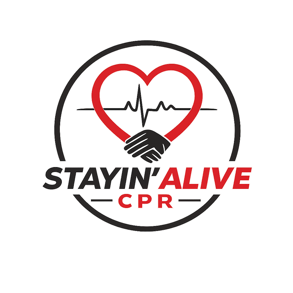 A logo with a red heart and an ECG line, a hand inside the heart, and the text "STAYIN' ALIVE CPR" with the word "ALIVE" in red and other words in black.