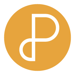 Logo with a white letter P intertwined, on a gold circular background.