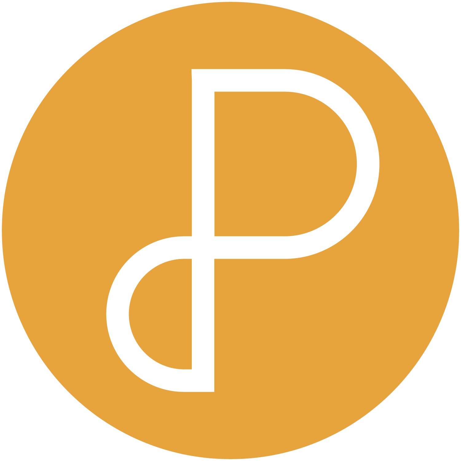A circular logo with a gold background and a white stylized letter 'P' in the center.